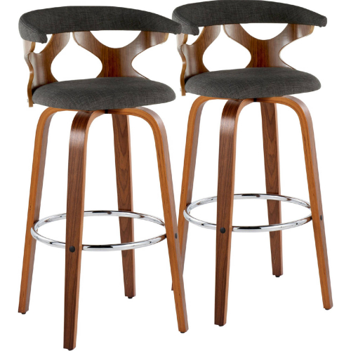 Gardenia 30" Swivel Bar Stool in Walnut Wood & Charcoal Fabric w/ Chrome Footrest (Set of 2)